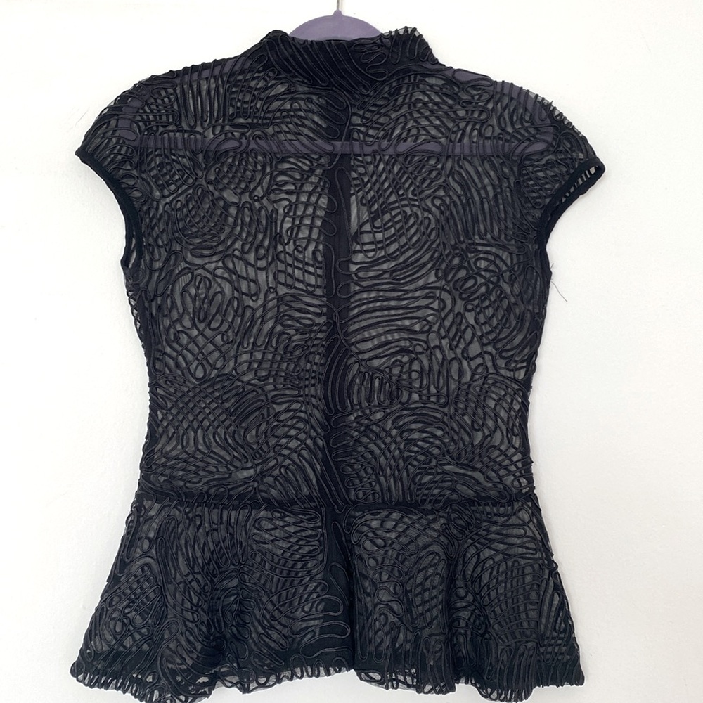 Elegant Black, See - Through Mesh Blouse,  Swirling Textured Pattern Size L